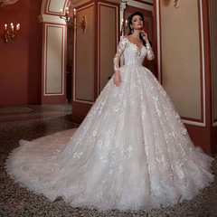 Long Sleeve Wedding Dress Ball Gown Bridal Dress with Lace Appliques