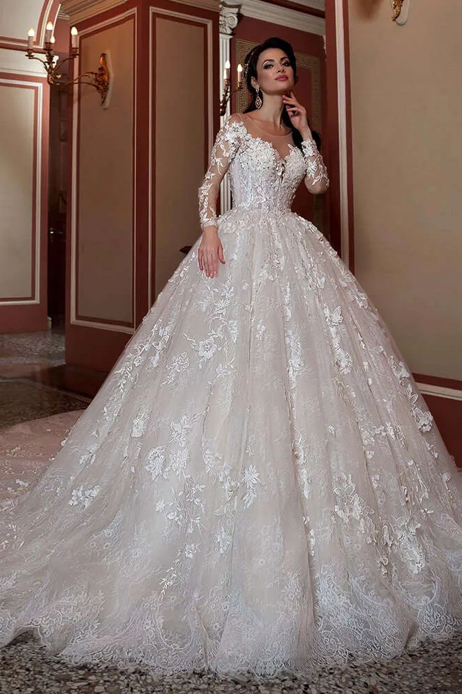 Long Sleeve Wedding Dress Ball Gown Bridal Dress with Lace Appliques