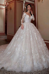 Long Sleeve Wedding Dress Ball Gown Bridal Dress with Lace Appliques
