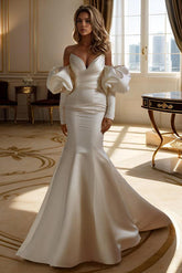 Long Sleeve Wedding Dress Satin Sweetheart Mermaid Bridal Gown