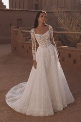 Long Sleeve Wedding Dress Tulle A Line Bridal Gown