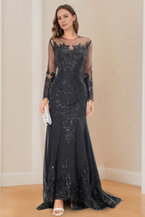 Long-Sleeved Scoop Neck Mermaid/Trumpet Mother of the Bride Dress with Applique