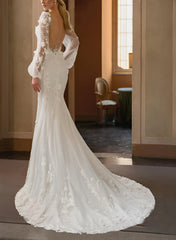 Long Sleeves Court Train Elastic Satin Wedding Dress Mermaid Illusion Neck