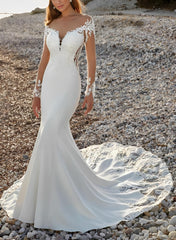 Long Sleeves Court Train Lace/Elastic Satin Wedding Dress With Appliques Lace