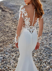 Long Sleeves Court Train Lace/Elastic Satin Wedding Dress With Appliques Lace