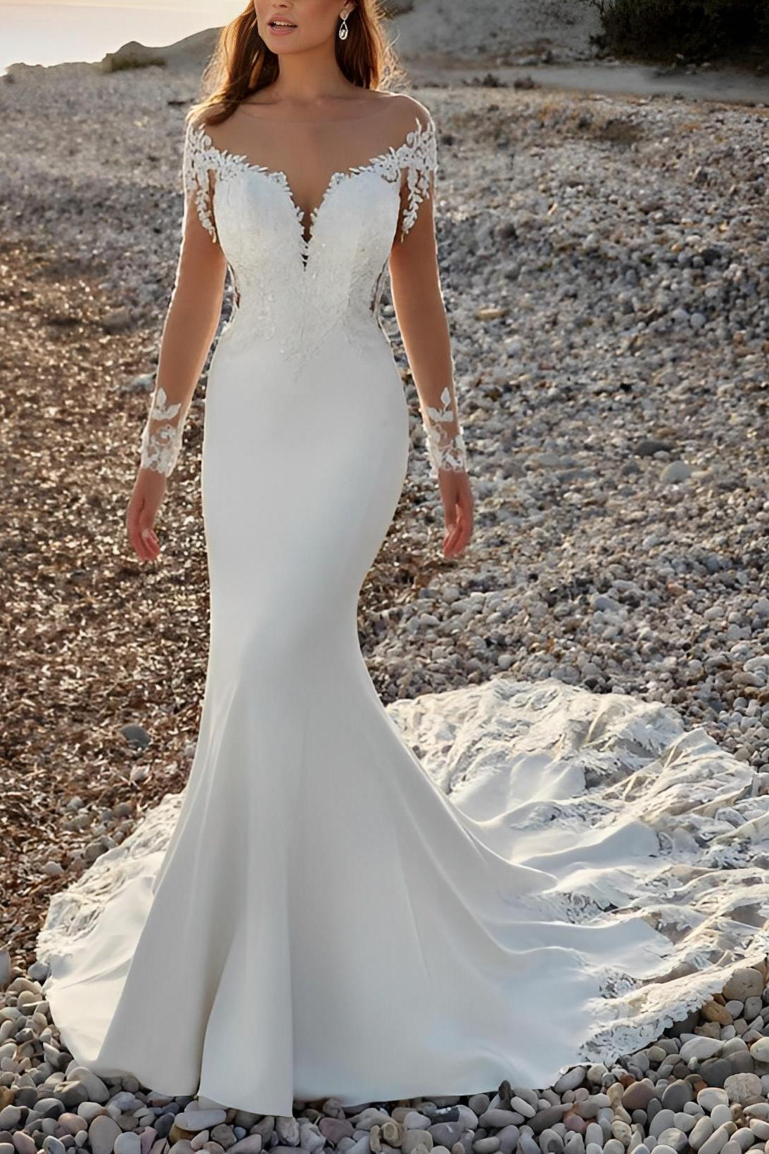 Long Sleeves Court Train Lace/Elastic Satin Wedding Dress With Appliques Lace