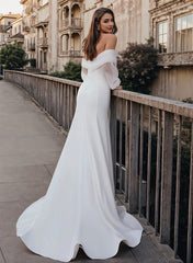 Long Sleeves Mermaid Wedding Dress Off The Shoulder Elastic Satin Simple