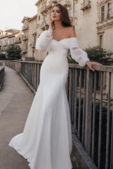 Long Sleeves Mermaid Wedding Dress Off The Shoulder Elastic Satin Simple