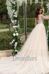 Long Sleeves Wedding Dress V Neck A Line Sequin Bridal Gown with Panel Train
