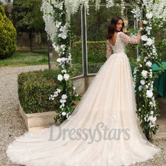 Long Sleeves Wedding Dress V Neck A Line Sequin Bridal Gown with Panel Train