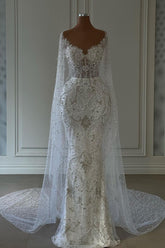 Long Tulle Sleeve White Wedding Dress with Beading