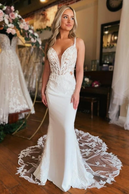 Long V Neck Wedding Dress Mermaid Sleeveless Bridal Gown With Lace