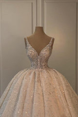 Long Wedding Dress A Line V Neck Sleeveless Princess Glitter Bridal Gown With Lace