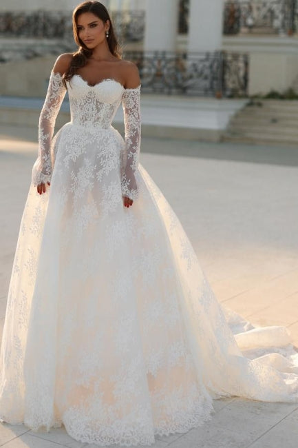 Long White Wedding Dress A Line Off The Shoulder Lace Bridal Gown With Long Sleeves
