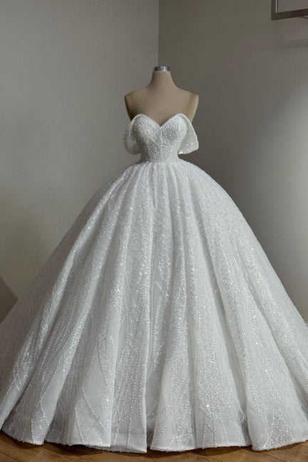 Long White Wedding Dress A Line Off The Shoulder Lace Bridal Gown With Pearls