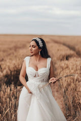 Long White Wedding Dress A Line Tulle Sleeveless Bridal Gown With Lace