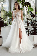 Long White Wedding Dress A Line V Neck Lace Glitter Backless Bridal Gown With Slit