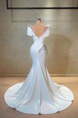 Long White Wedding Dress Mermaid Off The Shoulder Lace Satin Bridal Gown With Rhinestones