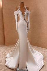 Long White Wedding Dress Mermaid Straps Satin Long Sleeves Bridal Gown With Pearls
