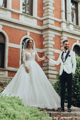 Long White Wedding Dress Scoop Neck A Line Tulle Lace Bridal Gown With Long Sleeves