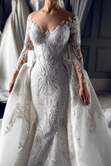 Dressystars Long Sleeve Wedding Dress Ivory Mermaid Crew Neck Bridal Gown with Detachable Train