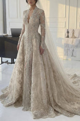 Dressystars A Line V Neck Champagne Long Wedding Dress With Appliques Lace Bridal Gown