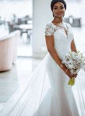 Luxurious Lace Mermaid Wedding Dress Tulle Bridal Dress With Panel Train