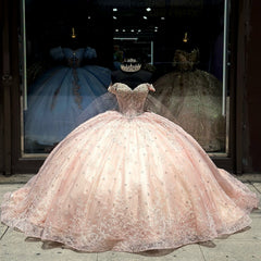 Luxury Ball Gown Off Shoulder 3D Floral Applique Beaded Pink Tulle Quinceanera Dress Princess Party Gown For Sweet 16