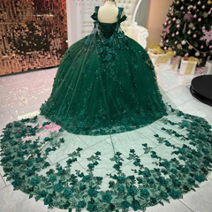 Luxury Ball Gown Off Shoulder 3D Flower Appliques Beaded Emerald Green Tulle Quinceanera Dress For Sweet 16 Wedding Party Gown
