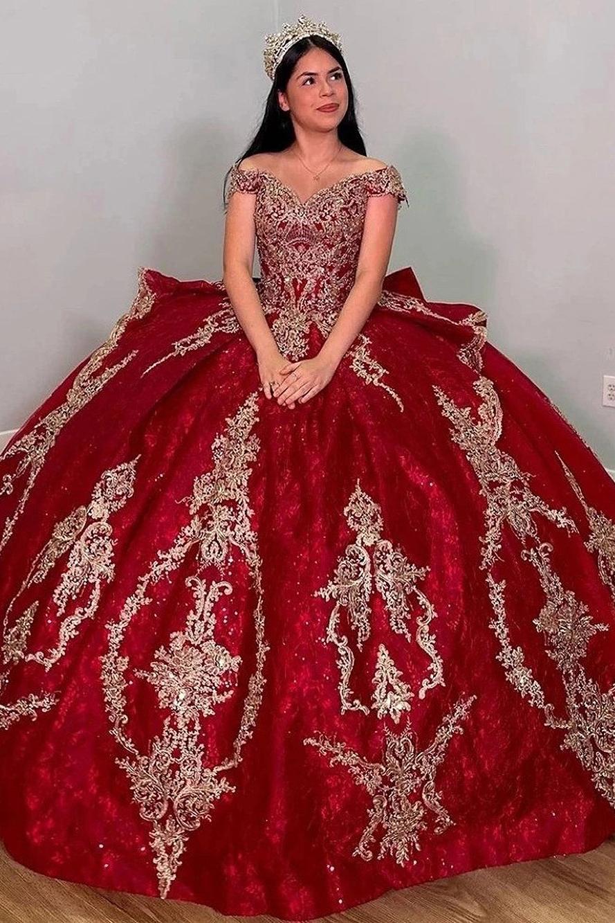 Luxury Ball Gown Off Shoulder Cap Sleeveless Lace Appliques Red Tulle Quinceanera Dress Birthday Prom Party Gown For Sweet 16