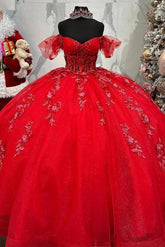 Luxury Ball Gown Off Shoulder Lace Applique Beaded Red Tulle Quinceanera Dress Princess Birthday Gown For Sweet 16