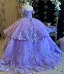 Luxury Ball Gown Off Shoulder Sleeveless Tiered 3D Butterfly Appliques Purple Tulle Quinceanera Dress For Sweet 16