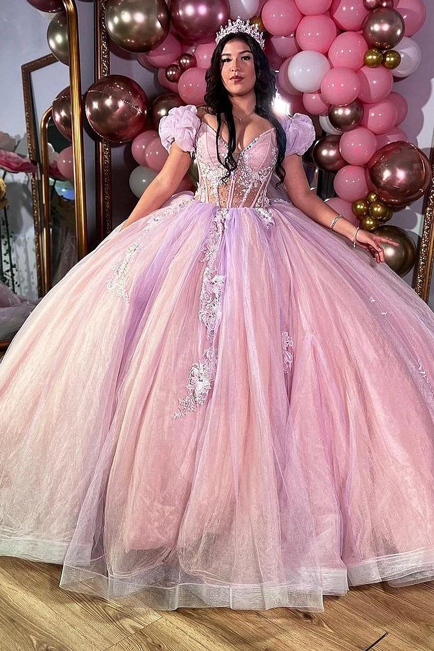 Luxury Ball Gown Sweetheart Neck Puff Sleeves Lace Appliques Beaded Pink Tulle Princess Evening Party Gowns Quinceanera Dress For Sweet 16