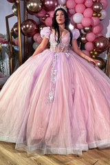 Luxury Ball Gown Sweetheart Neck Puff Sleeves Lace Appliques Beaded Pink Tulle Princess Evening Party Gowns Quinceanera Dress For Sweet 16