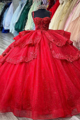 Luxury Ball Gown Sweetheart Neck Spaghetti Straps Lace Appliques Beaded Red Tulle Quinceanera Dress For Sweet 16