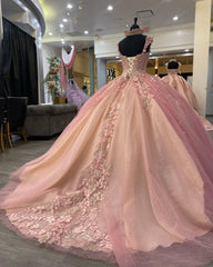 Luxury Ball Gown Sweetheart Neck Straps Sleeveless Lace Appliques Beaded Pink Tulle Birthday Party Princess Dress Quinceanera Dress For Sweet 16