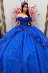 Luxury & Glamorous Ball Gown Off Shoulder Lace Appliques Beaded Tiered Glitter Ruffles Royal Blue Tulle Quinceanera Dress Evening Party Gown For Sweet 16