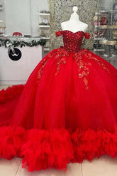 Luxury & Gorgeous Ball Gown Off Shoulder Beaded Lace Appliques Ruffles Red Tulle Quinceanera Dresses Birthday Party Gown For Sweet 16