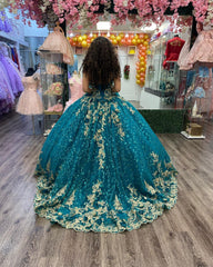 Luxury & Gorgeous Ball Gown V Neck Straps Gold Lace Appliques Sequined Beaded Hunter Green Tulle Quinceanera Dresses Princess Evening Party Gown For Sweet 16 Dress