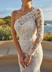 Luxury Lace One Shoulder Long Sleeves Mermaid Wedding Dress