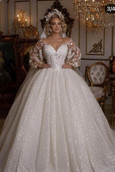 Luxury Long Ball Gown Puffy Sleeves Wedding Dress with and Appliques