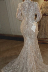 Dressystars Luxury Long Sleeve Wedding Dress Beaded Mermaid High Neck Bridal Gown with Detachable Train