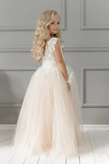 Tulle Cap Sleeve Princess Flower Girl Dress with Lace Appliques
