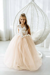 V Neck Tulle Flower Girl Dress with Lace Appliques