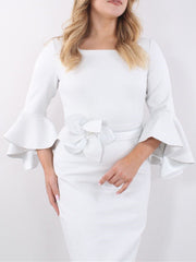 Square Neck Tea-Length Sheath/Column Mother of the Bride Dress with 3/4 Sleeves and Ruffles