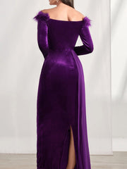 Off-the-Shoulder Asymmetrical Long Sleeve Sheath/Column Dress with Feather for Mother of the Bride & Groom