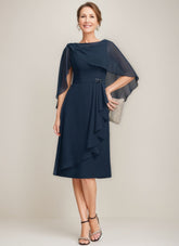 Tea-Length Mother of the Bride Sheath Dress with Detachable Beaded Cape and Ruffles