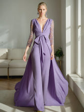 Plunge V-Neck A-Line Princess Jumpsuit for the Mother of the Bride with Ruched Embroidered Tulle Sleeves & Bow
