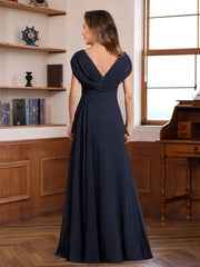 V-Neck A-Line Princess Floor-Length Dresses for Mothers of the Bride & Groom with Ruched Pleats Jewel Appliques & Sequins