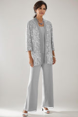 3 Pieces Scoop Neck 3/4 Sleeves Ankle-Length Mother of the Bride Pantsuits with Lace & Sequins & Jacket